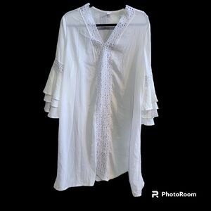 XL White Kimono Coverup Ruffled Sleeves Lace Beachy Vacation Boho